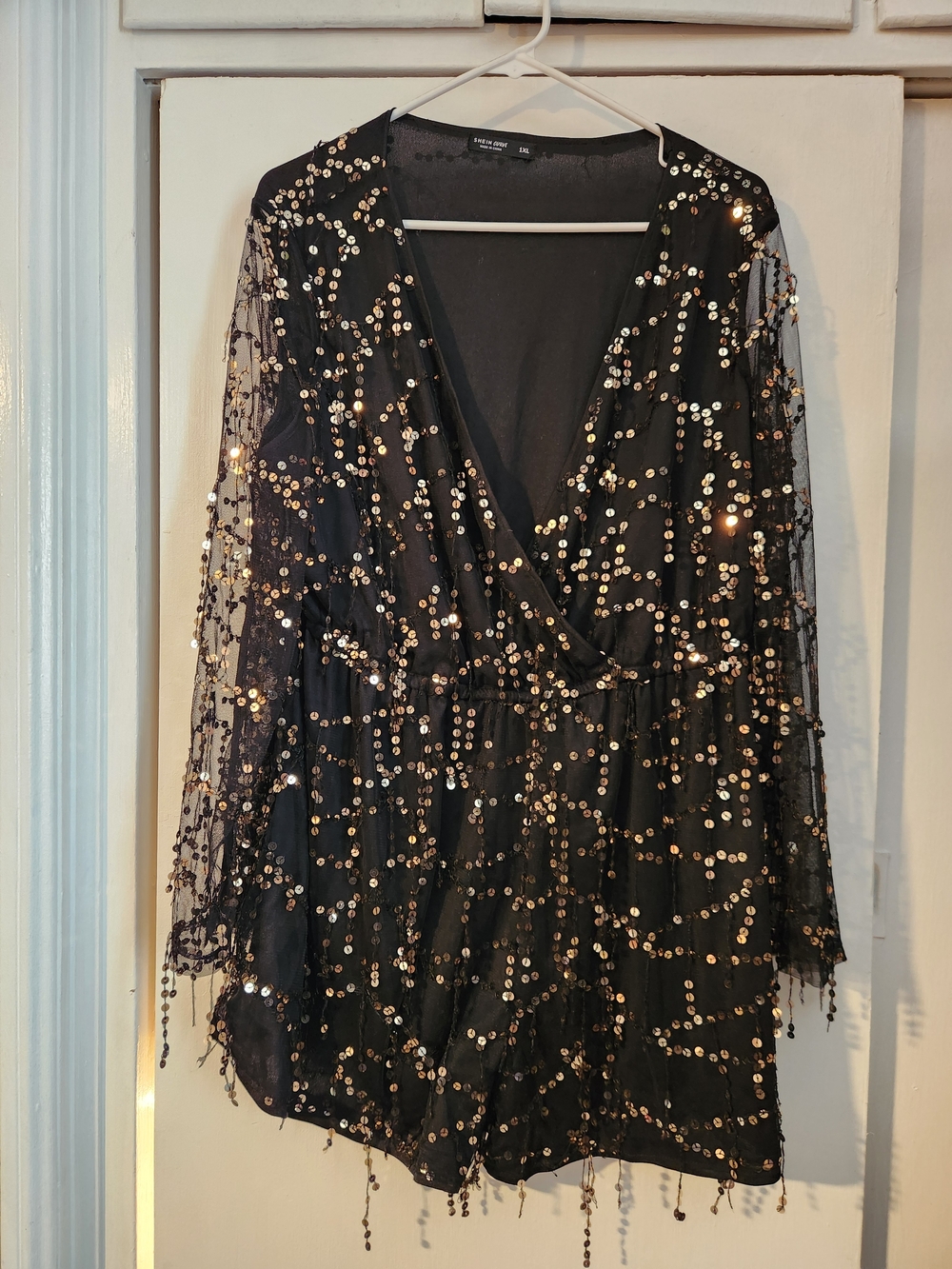 Black Sequin Mesh Romper with Gold Sequins